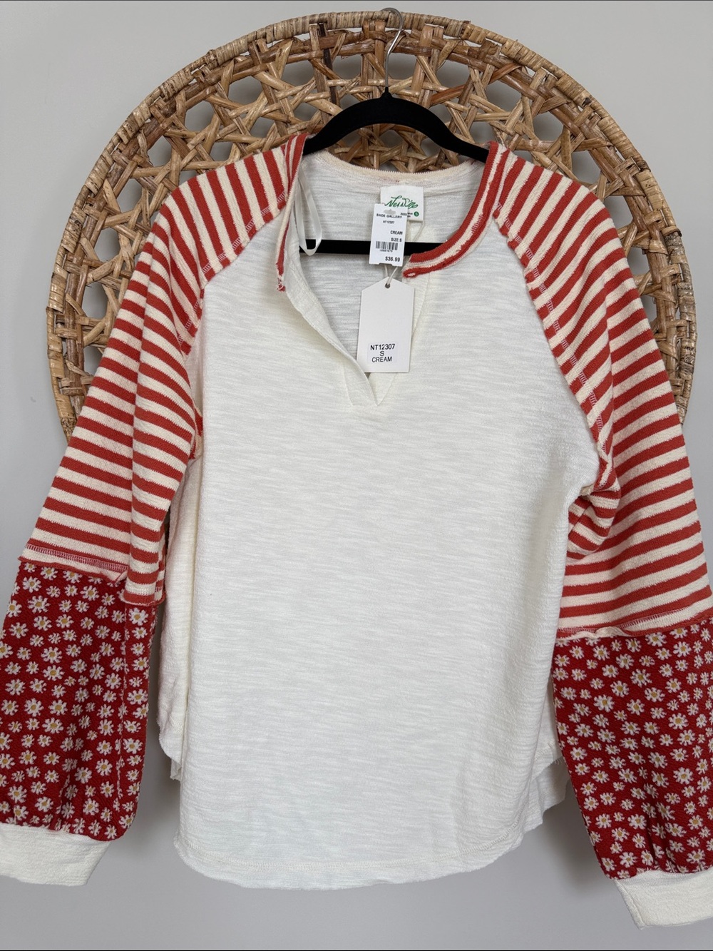 Ariella Cream Knit Raglan Top with Red Striped Sleeves